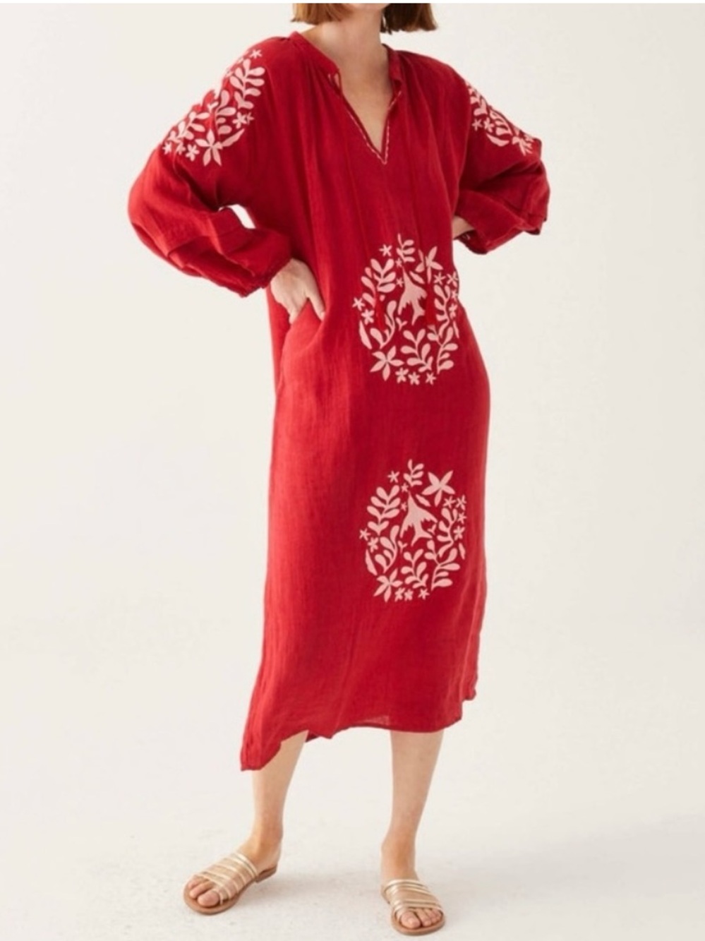 Voyageur by Mersea Red Linen Palermo Embroidered Maxi Dress XS